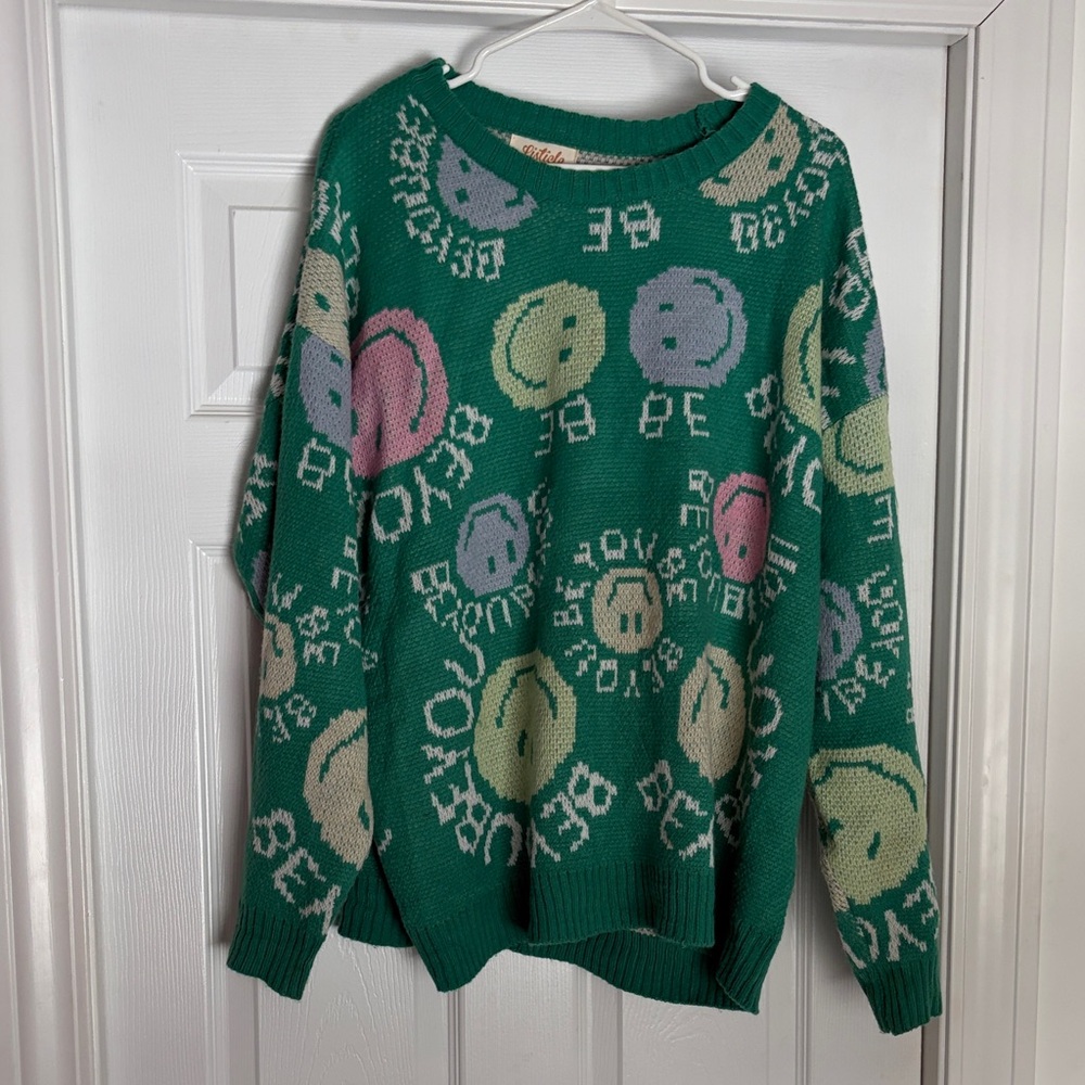 Green Graphic Sweater with Smiley Faces
